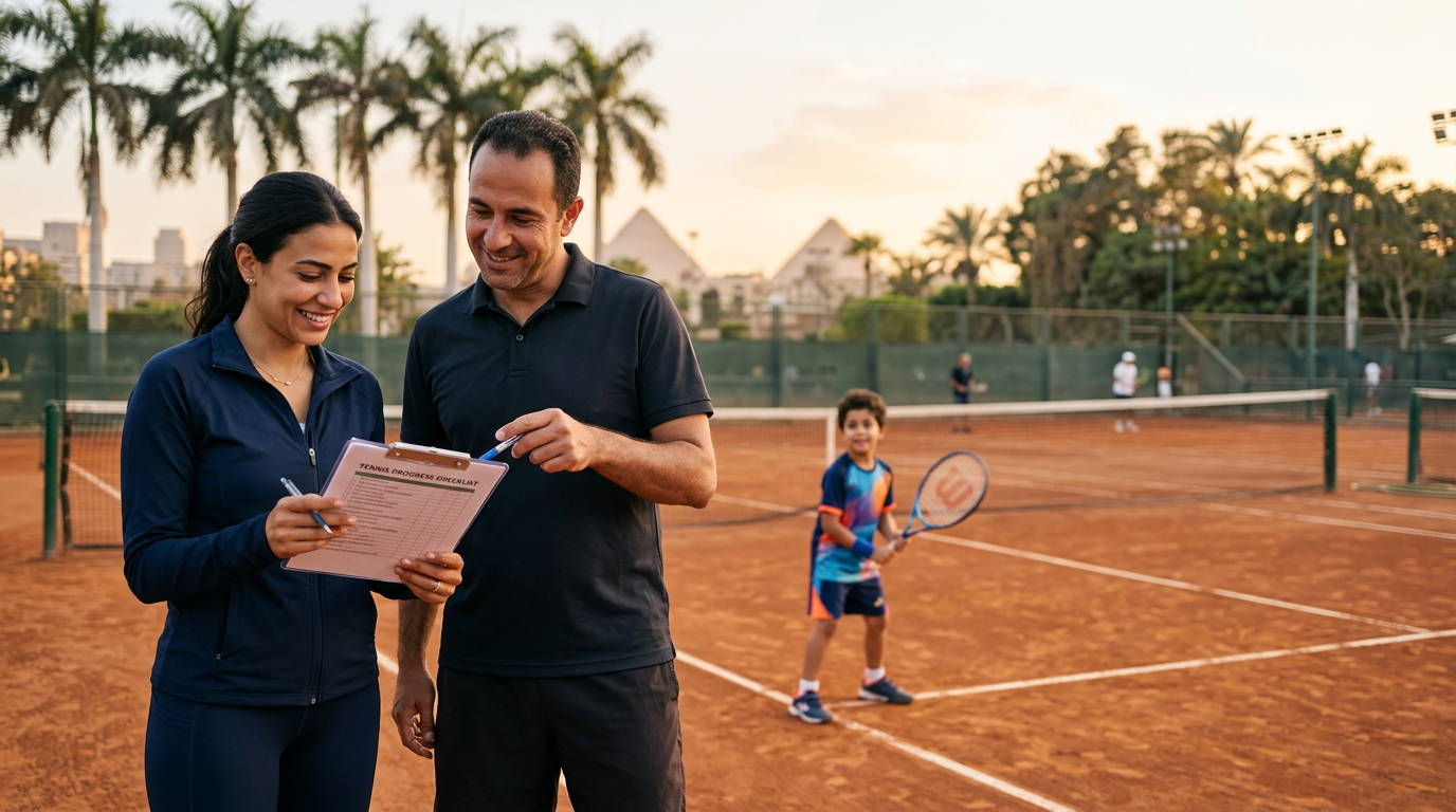 أم تمسك بقائمة تحقق بجوار ملعب تنس للأطفال وتراجع مع المدرب أفضل برنامج لطفلها