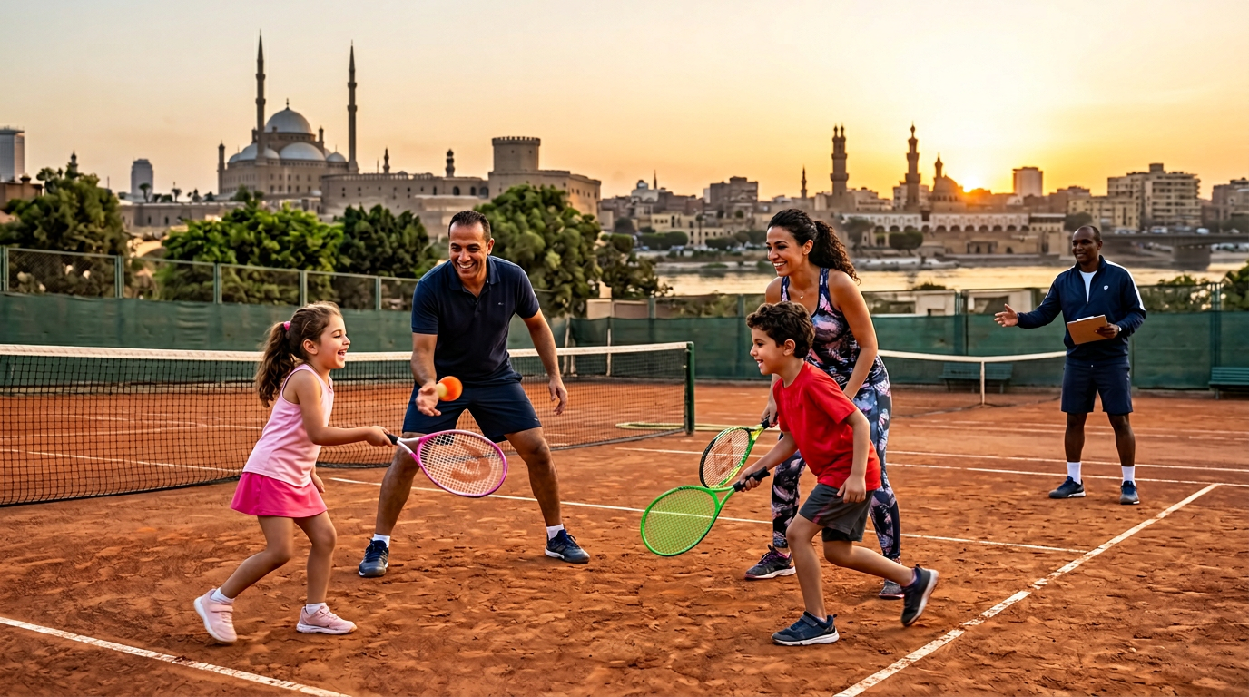عائلة تلعب التنس معاً في ملعب مضاء في القاهرة ضمن معسكر عائلي