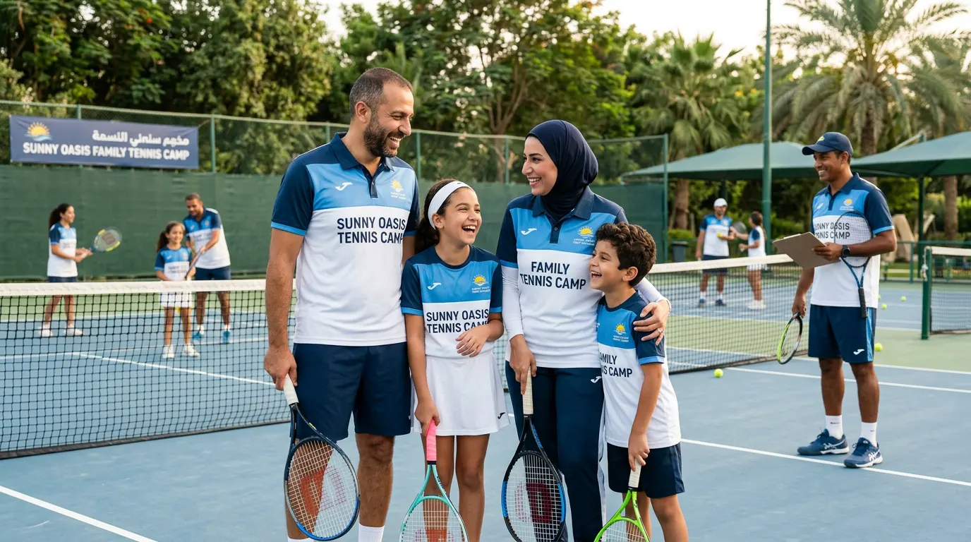 عائلة تستمتع بمعسكر تنس عائلي