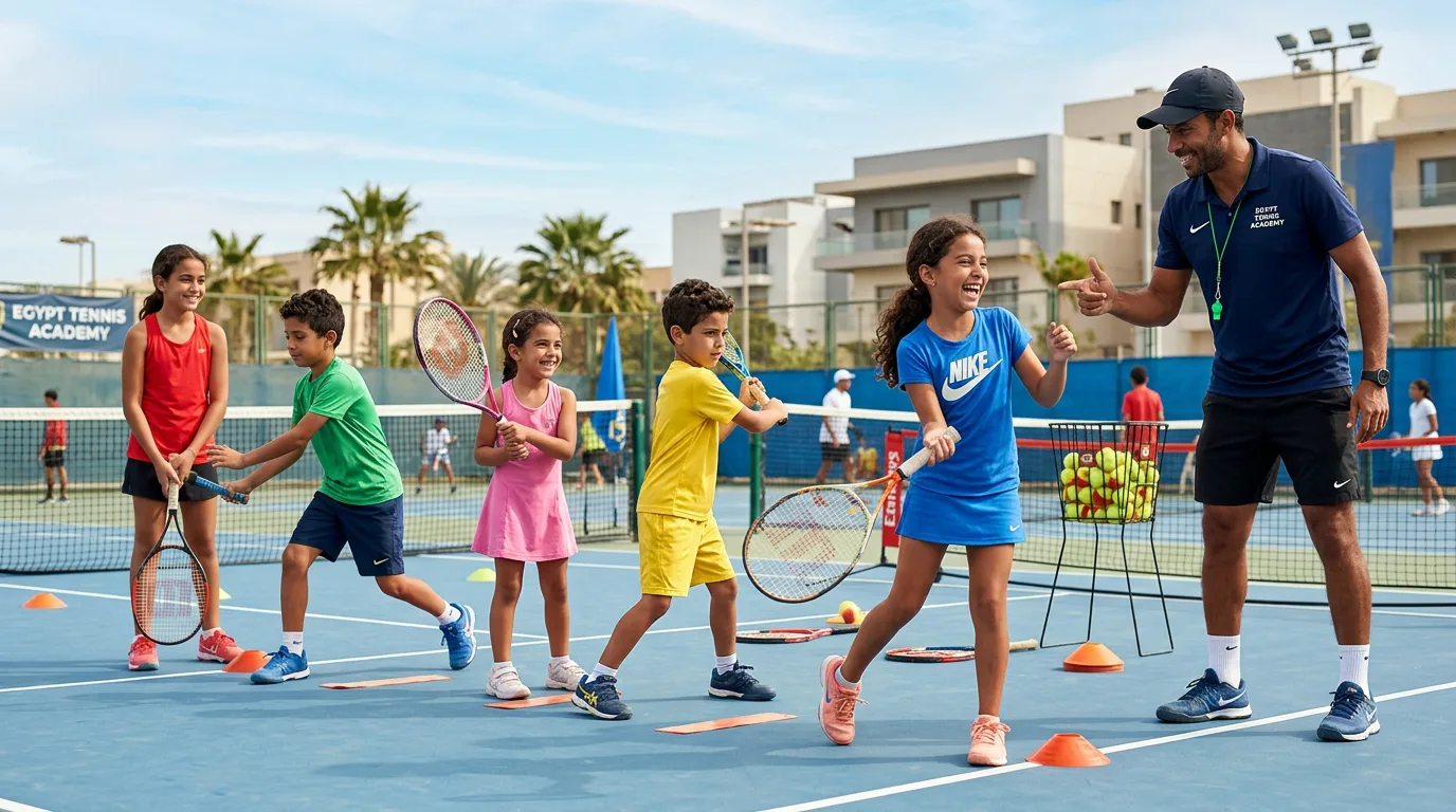 أطفال سعداء يتعلمون التنس مع مدرب محترف
