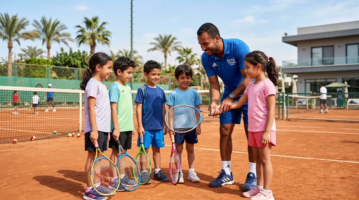 أطفال يتعلمون أساسيات التنس في درس تمهيدي