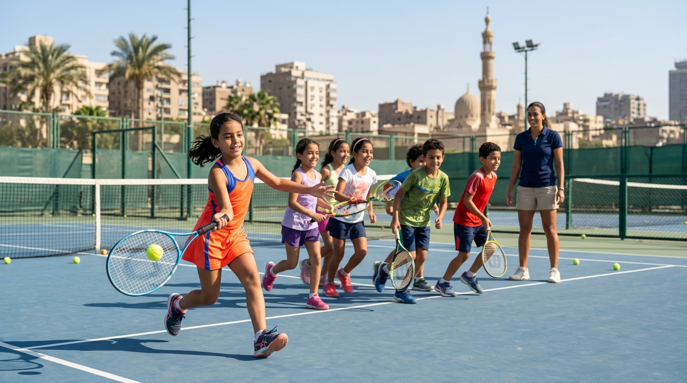 أطفال سعداء يلعبون التنس في برنامج مخصص للأطفال مع مدرب يشرف عليهم