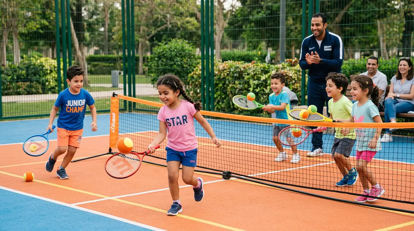 أطفال صغار يلعبون ميني تنس بمعدات مناسبة